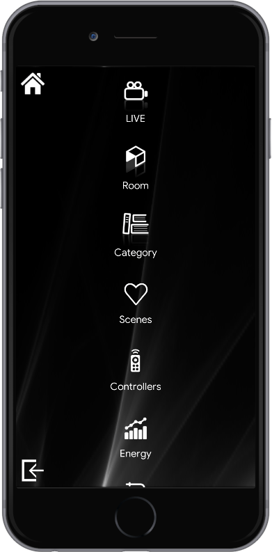 Immage of the first menu inside the home automation app EVE Remote Plus 