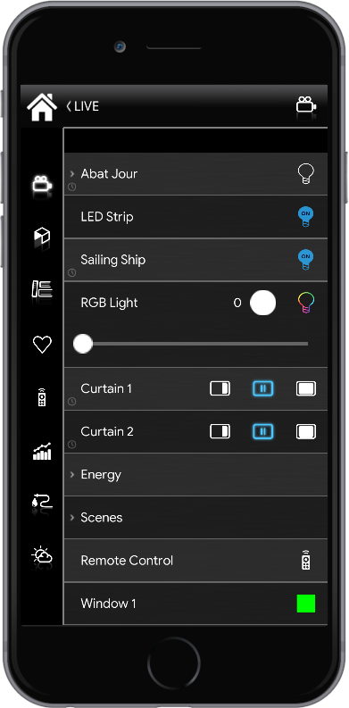 Component menu inside the Home automation app EVE Remote Plus