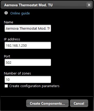 Aernova Thermostat Mod.TU component properties creation inside the Home automation software EVE Manager