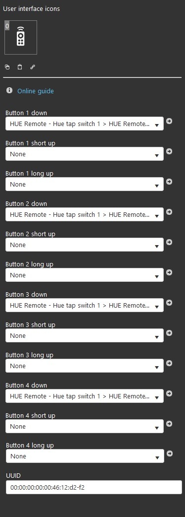 Philips HUE tap switch components properties inside the Home automation software EVE Manager 