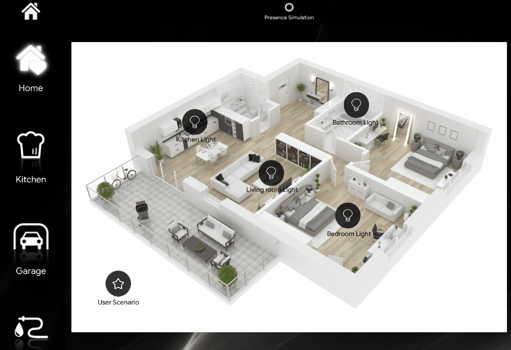 Trying the presence simulation with the User Scenario component inside the Home automation App EVE Remote Plus map style