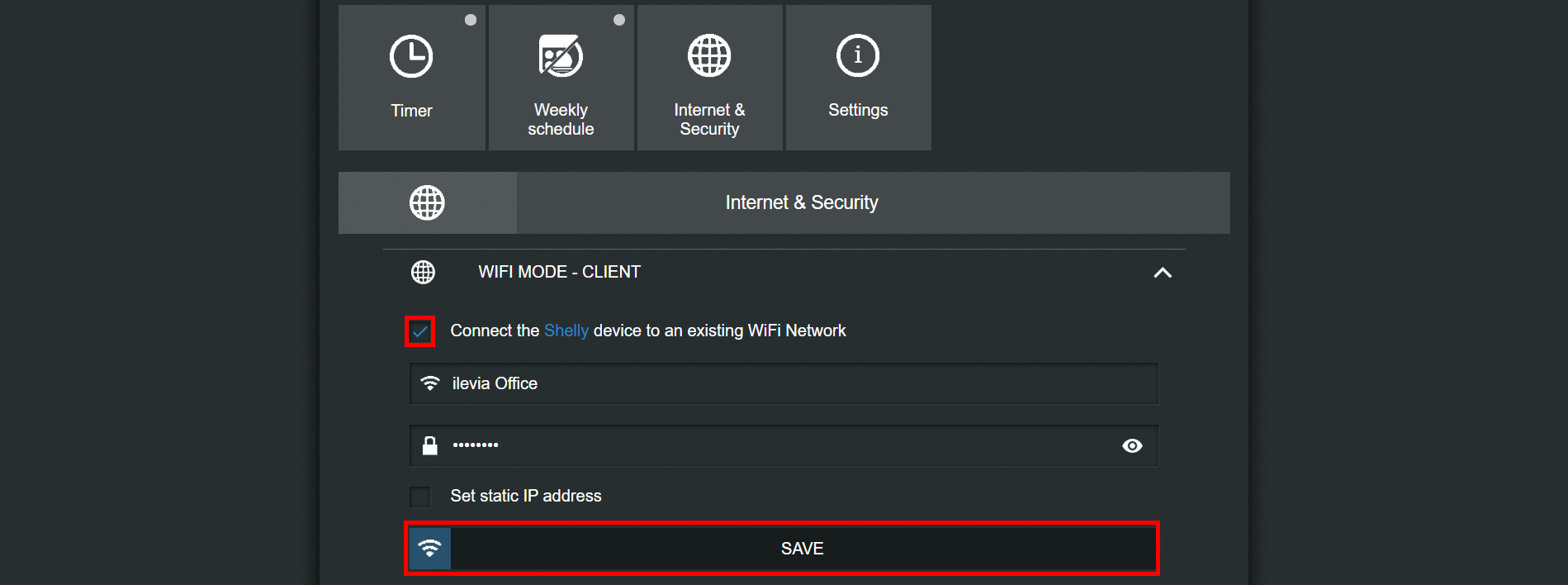 How to set the wifi client mode inside the shelly web interface