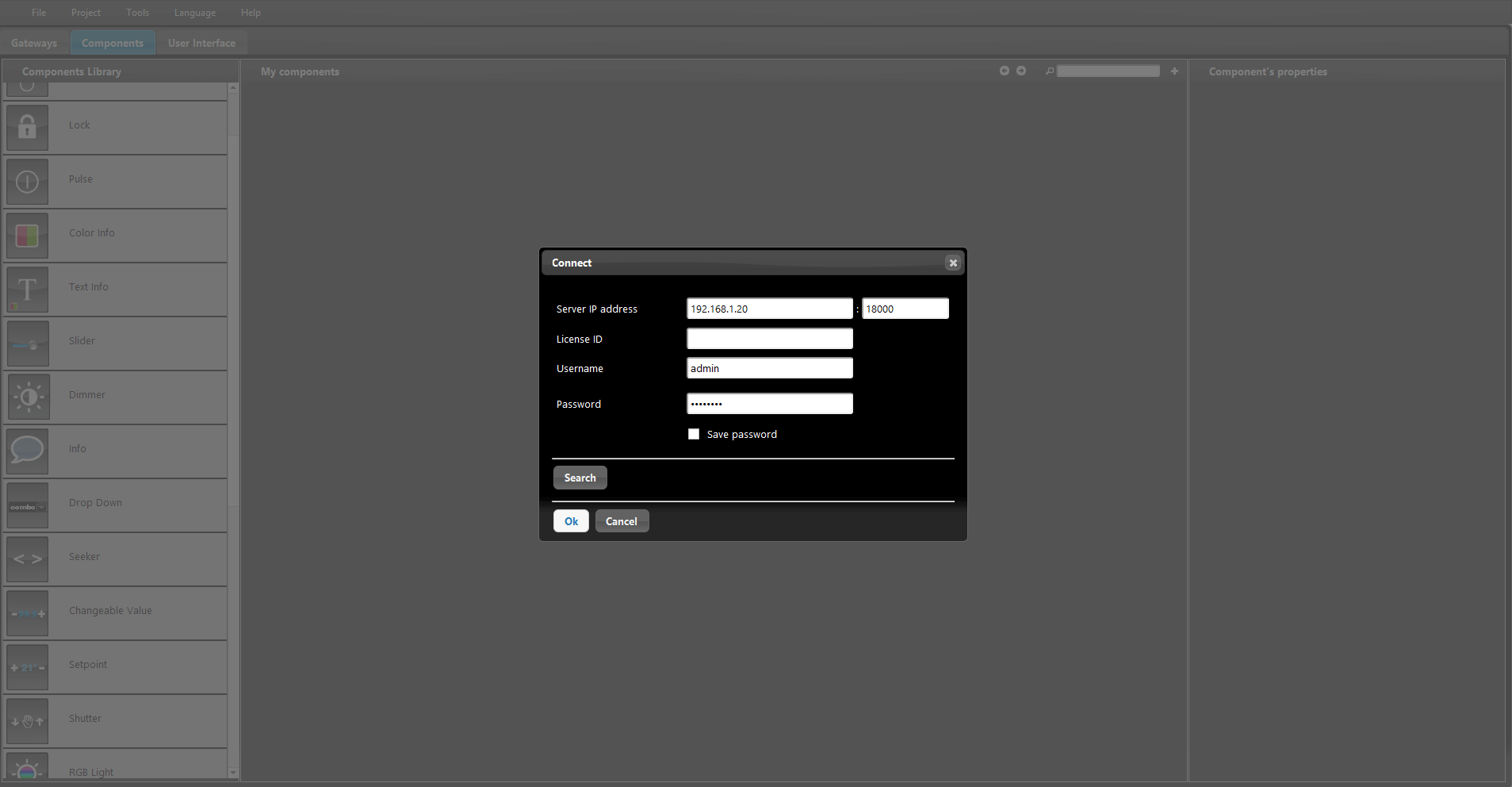 Connection parameters inside Home automation software EVE Manager