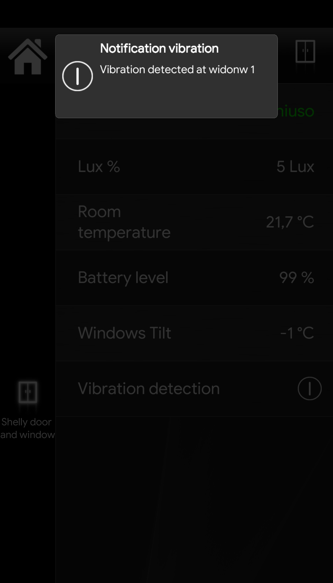 Here displayed how the project configuration is inside the Home automation app EVE Remote Plus when the shelly device has detected a vibration