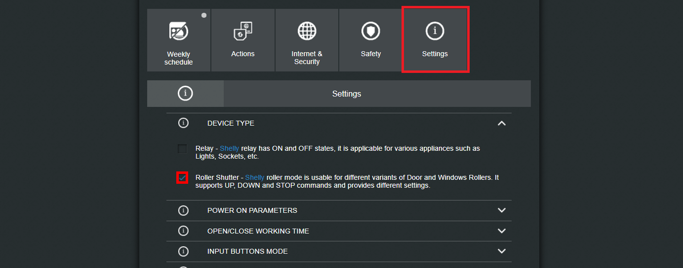 How to enable the roller shutter mode from inside the shelly's 2.5 web interface