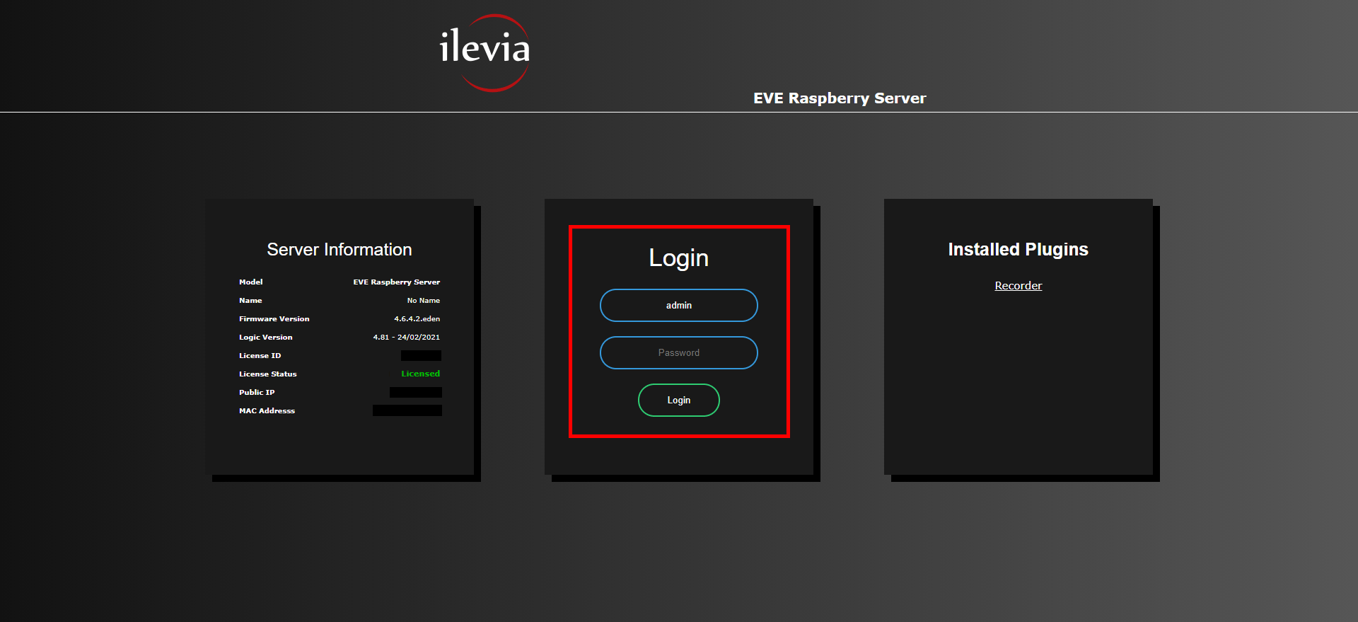 How to login inside the Web configuration pannel of the Home automation Raspberry server EVE
