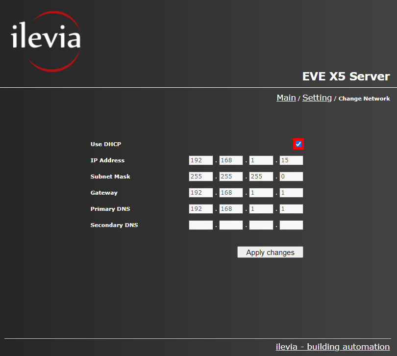 Network configuration inside the web interface of the Home automation server EVE X5