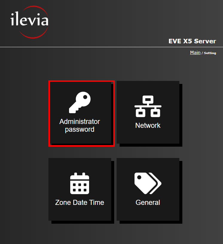 Menu administrator password inside the web interface of the Home automation server EVE X5
