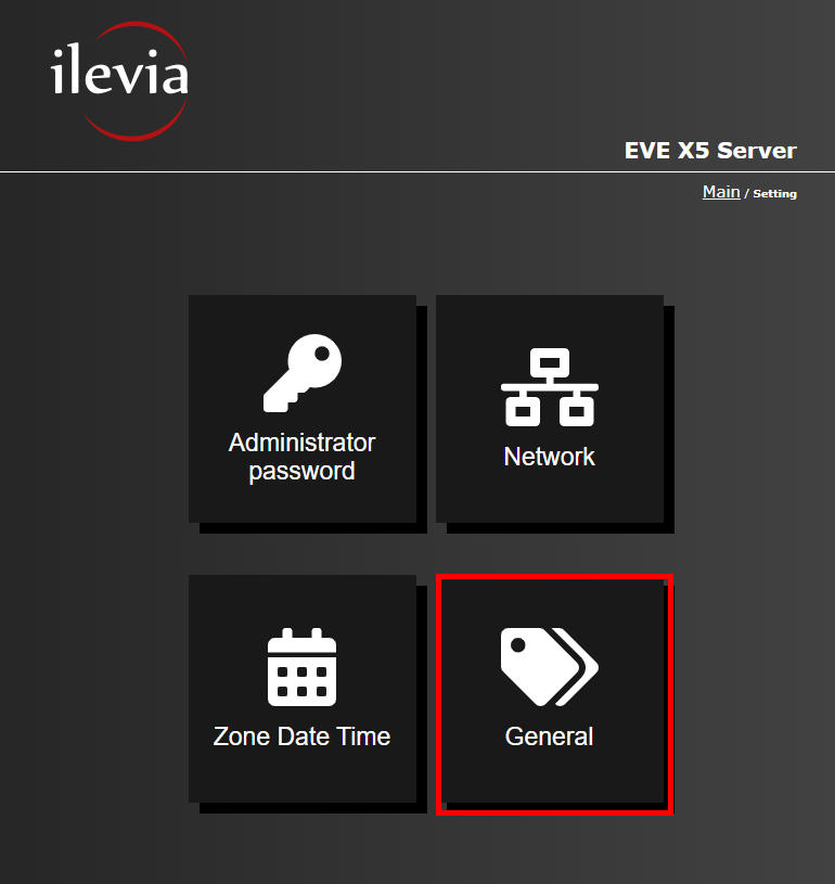 Menu General inside the web interface of the Home automation server EVE X5