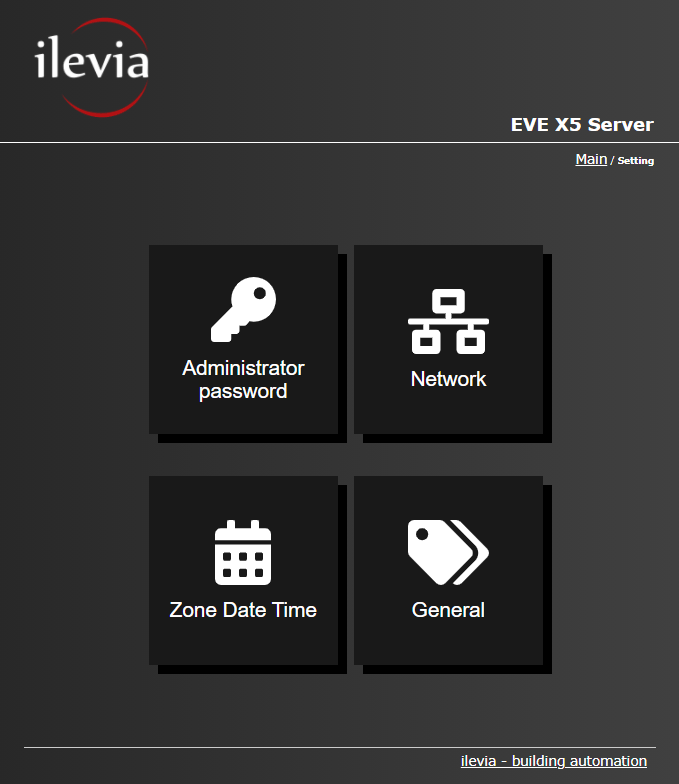 All the available features inside the settings menu of the Home automation server EVE X5