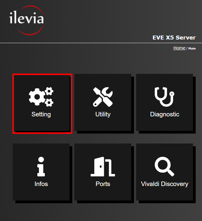 Settings menu inside the web interface of the Home automation server EVE X5