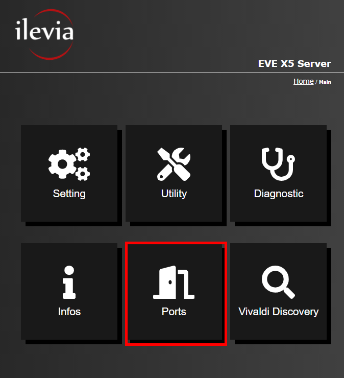 Port menu inside the web interface of the Home automation server EVE X5