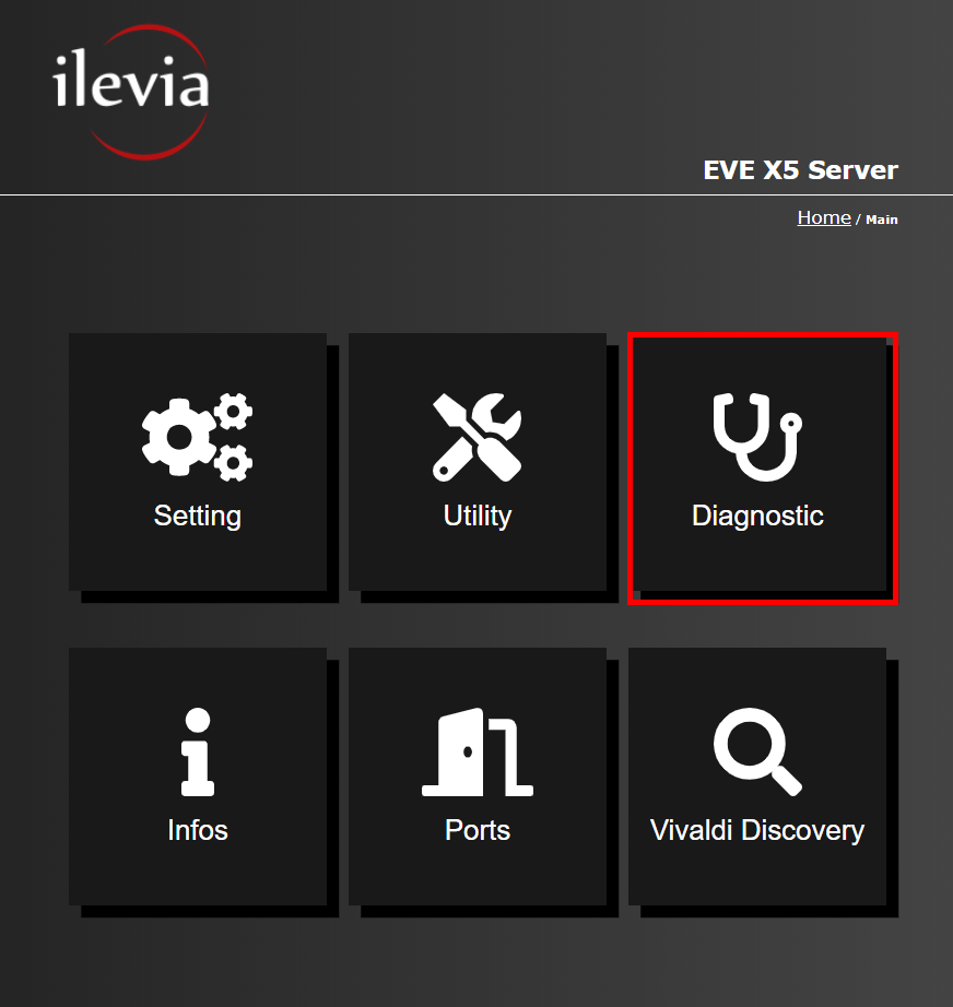 Menu diagniostic inside the web interface of the Home automation server EVE X5
