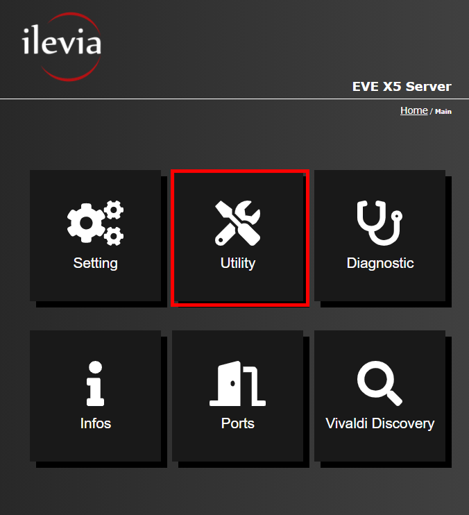 Utility menu inside the web interface of the Home automation server EVE X5