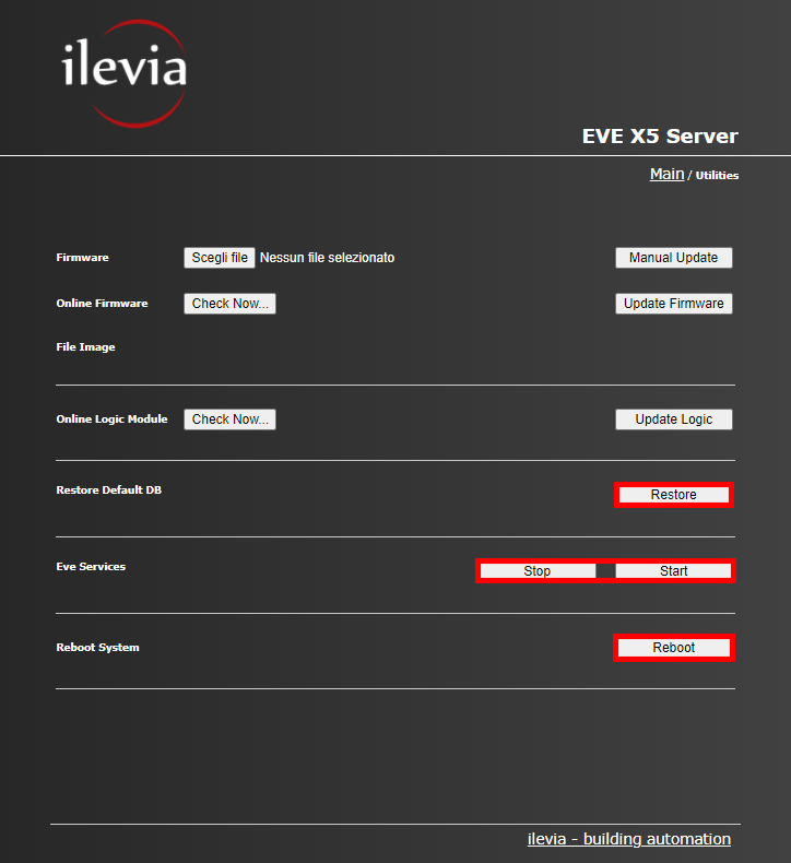 All the features of the utility menu inside the web interface of the Home automation server EVE X5
