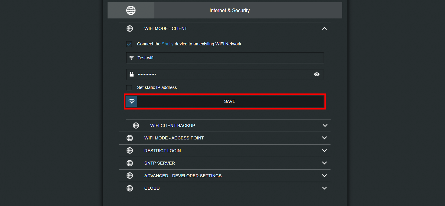 Inserting the wifi credentials to allow the shelly i3 device to connect to our local network