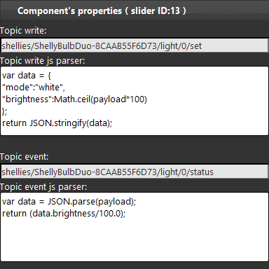 Slider component topics configuration inside the Home automation configuration software EVE Manager pro