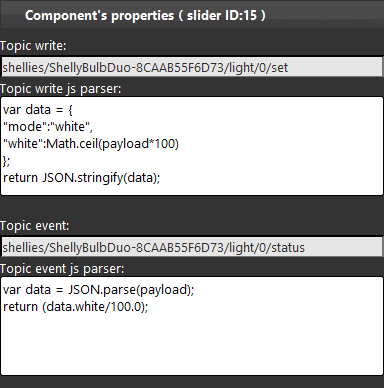 Slider component topics configuration inside the Home automation configuration software EVE Manager Pro