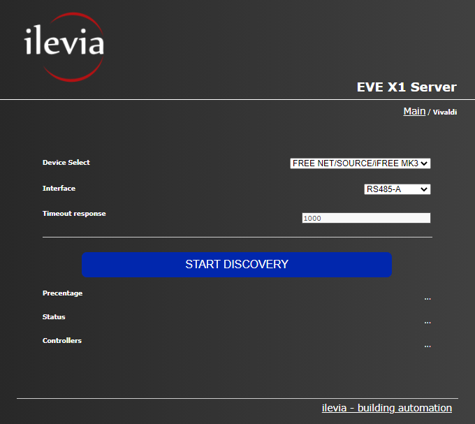 Vivaldi discovery configuration menu inside the Home automation server EVE X1