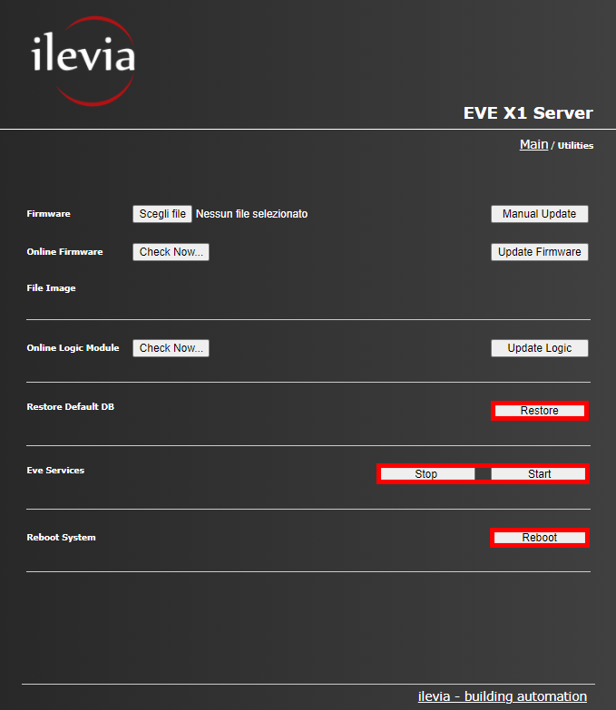 All the features of the utility menu inside the web interface of the Home automation server EVE X1