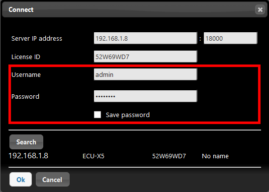 Filling the credential text boxes in order to connect to your Home automation server EVE X5
