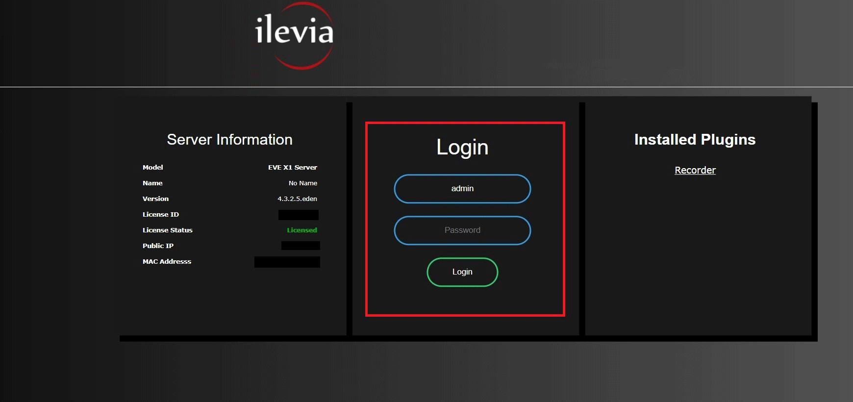 Login inside the Home automation server web interface 