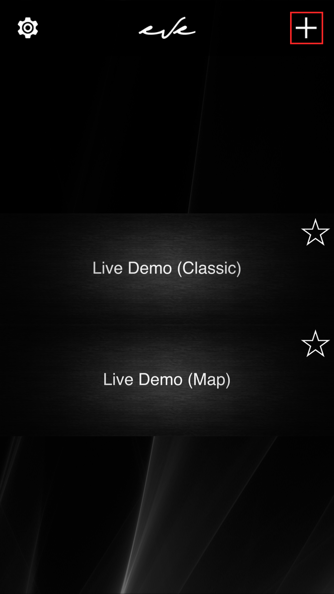 Main screen inside the Home automation app EVE Remote Plus