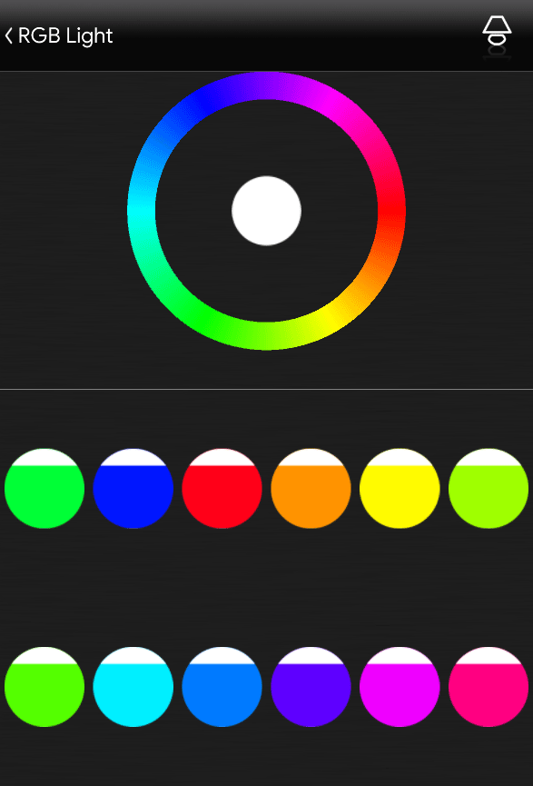 How the complete palette is shown from inside the RGB light component in the Home automatio app EVE Remote Plus
