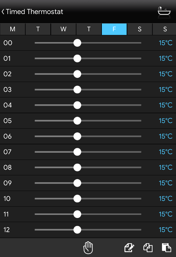 Timed thermostat in Manual programming mode inside the Home automation app EVE Remote Plus mao style