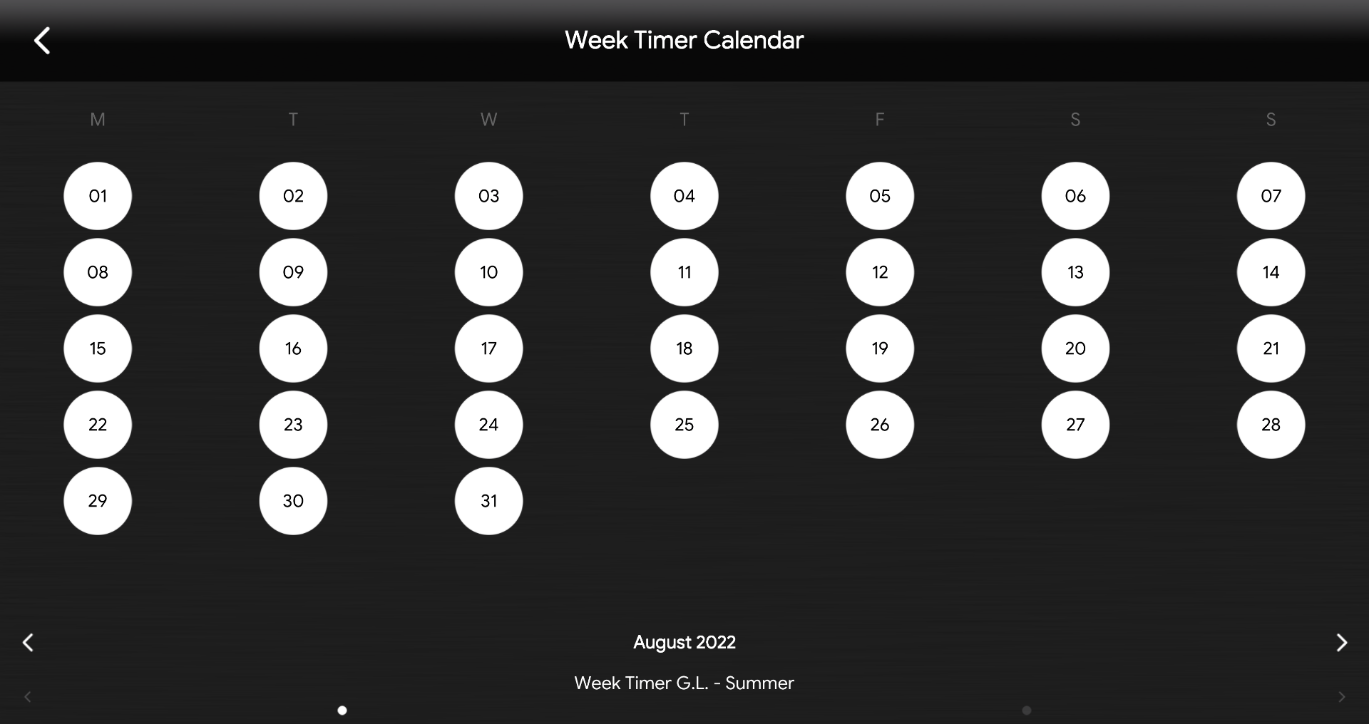 How the week timer day selector looks like inside the Home automation app EVE Remote Plus | Week timer summer