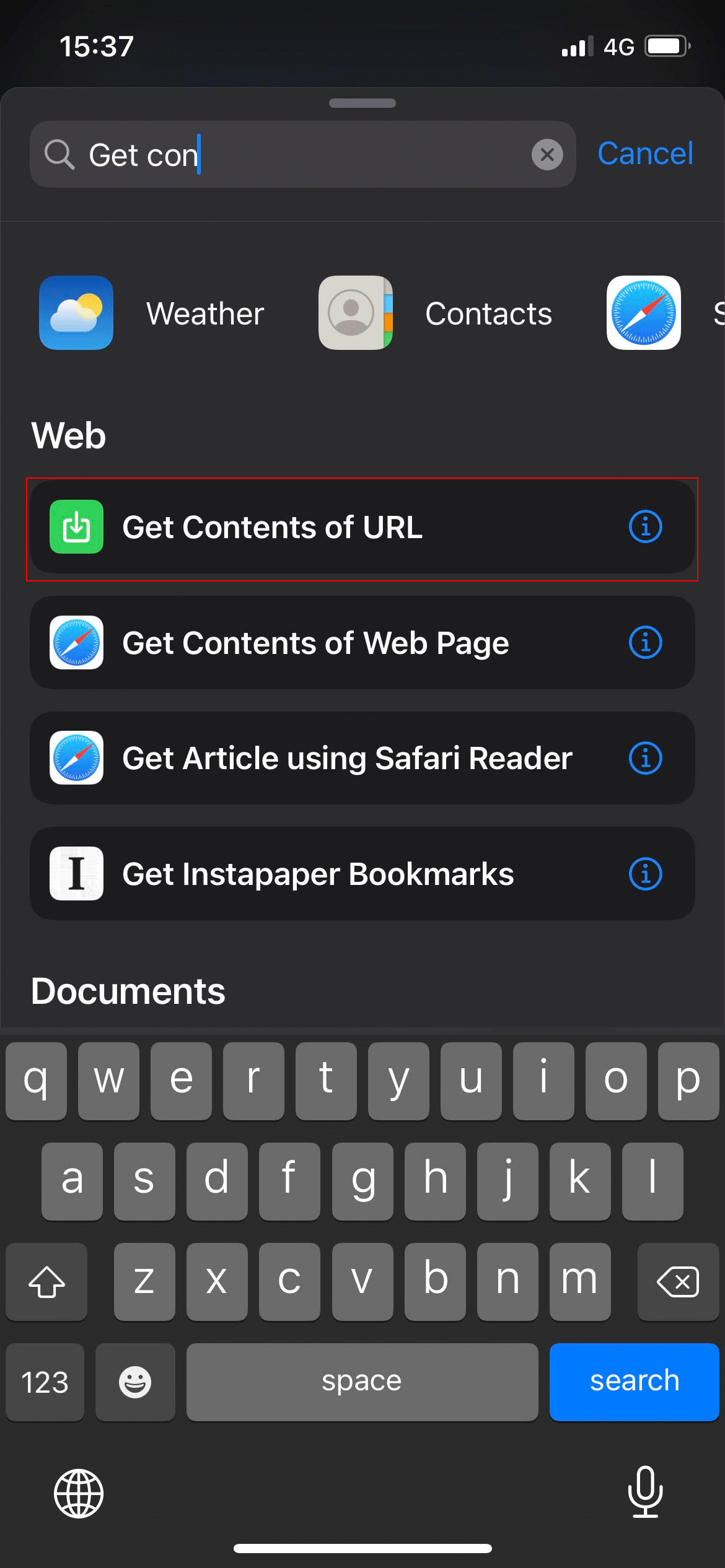 adding the Get Contents of URL module in the shortcut in order to integrate the IFTTT link with the ilevia Home automation system