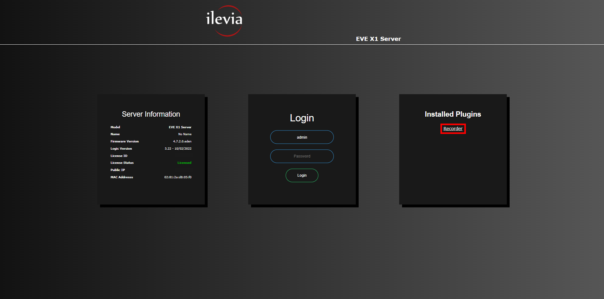 How to access the recorder web page of the Ilevia Home automation server 