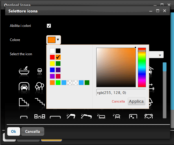 Selezionatore del colore per l'icona all'interno dell'editor delle icone nel software di Ilevia per la configurazione della domotica EVE Manager