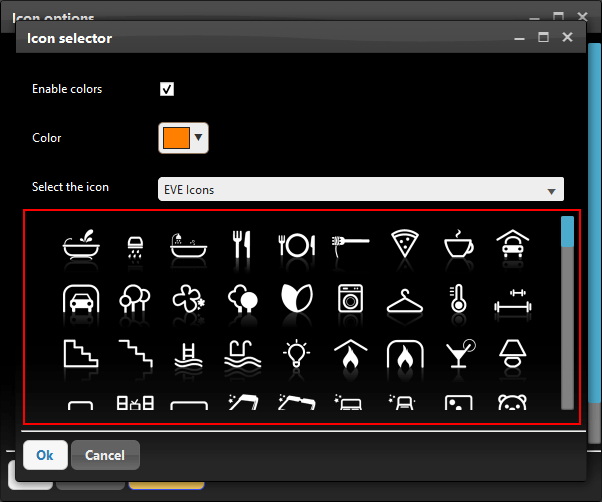 Place where you can pick an Icon within the Icon editor interface inside the Home automation configuration software EVE Manager