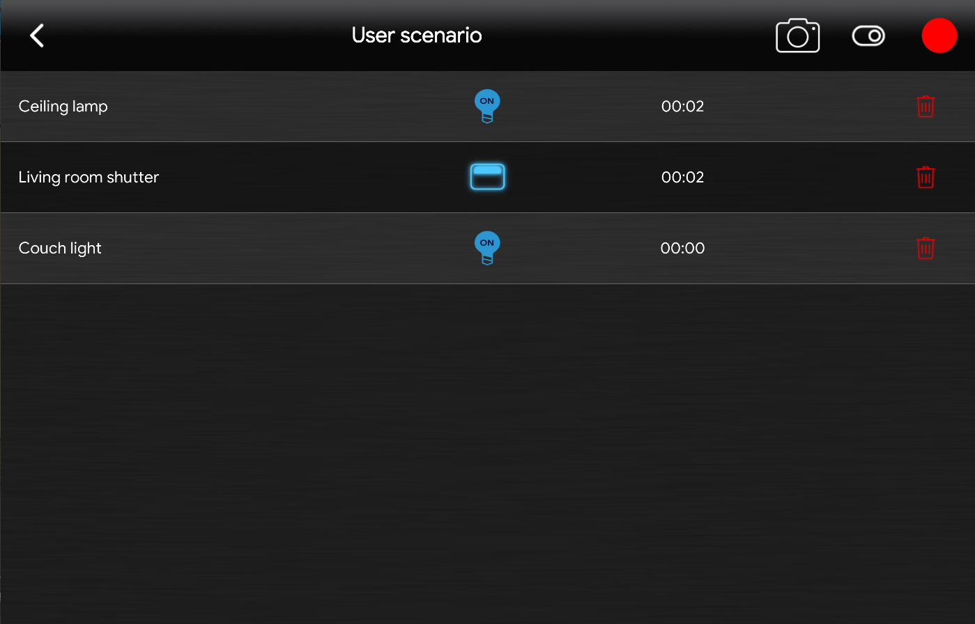 User scenario recording list within the map user interface of the Ilevia's Home automation App EVE Remote Plus