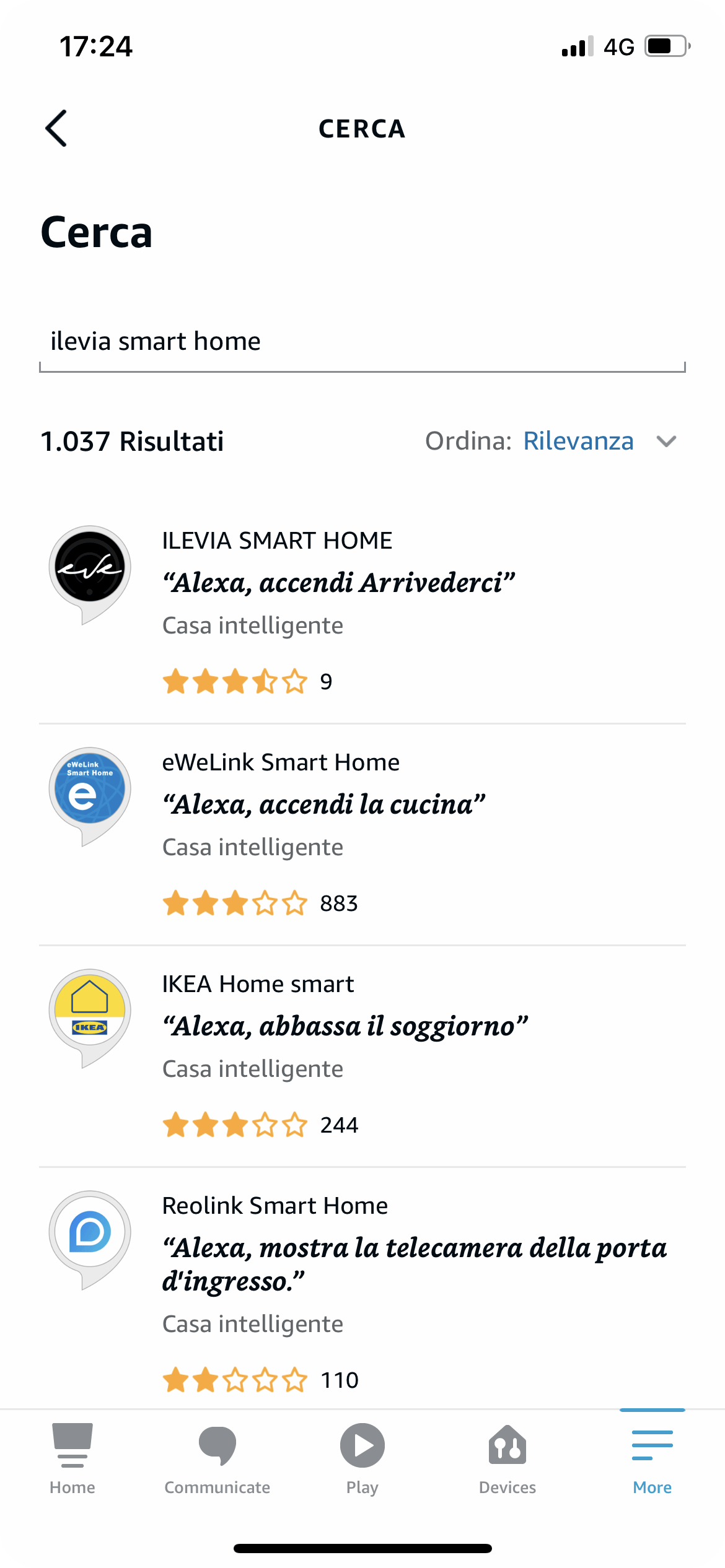 Come fare la ricerca della skill Ilevia smart home all'interno dell'applicazione di Amazon Alexa