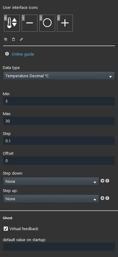 Properties of the set point component inside the Home automation software EVE Manager 
