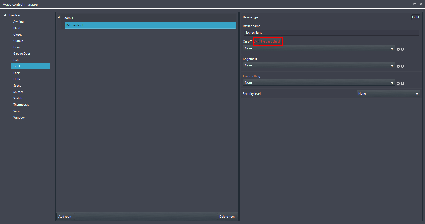 Required parameters sign within the voice control manager window in EVE Manager.