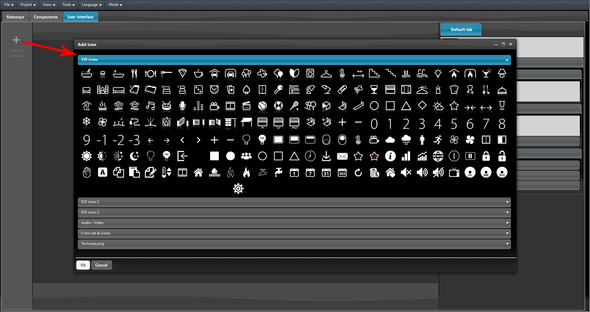 How the Icons menu is displayed inside the User interface editor of the Home automation configuration softwre EVE Manager