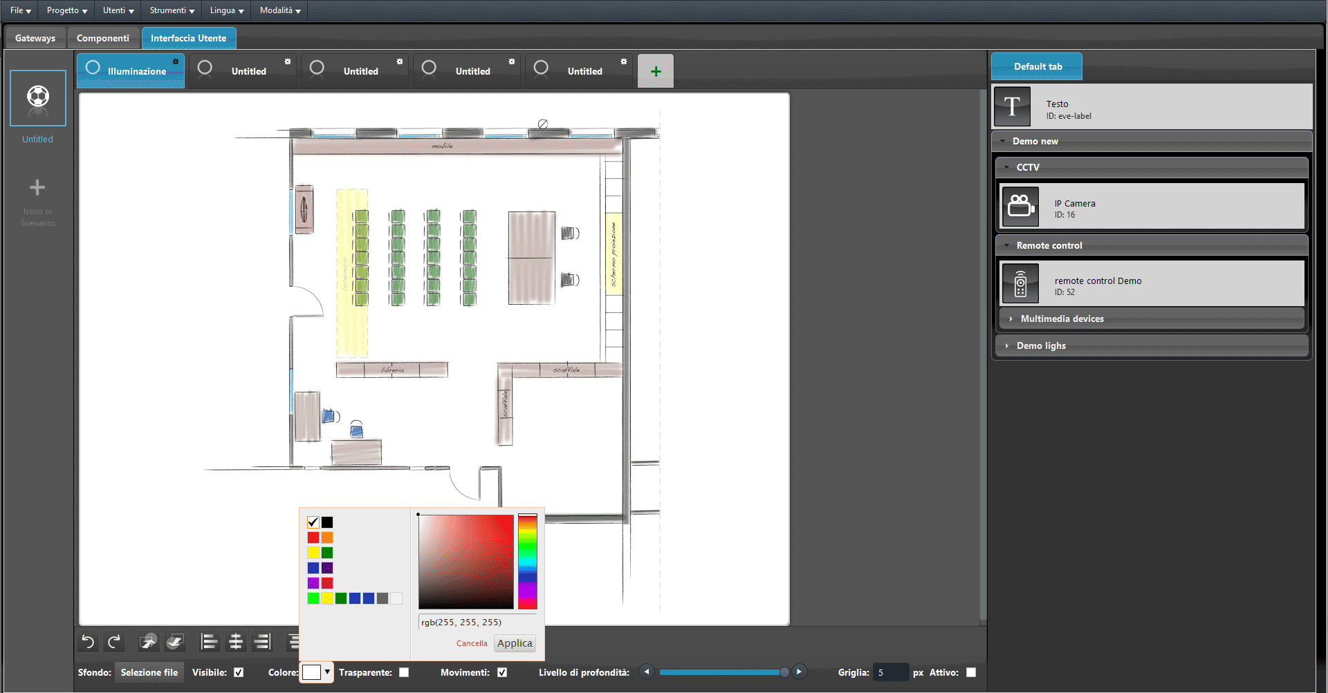 Come selezionare un'immagine di sfondo per dall'editor di interfaccia utente a mappe nel software per la configurazione della domotica EVE Manager | applicazione colore di sfondo