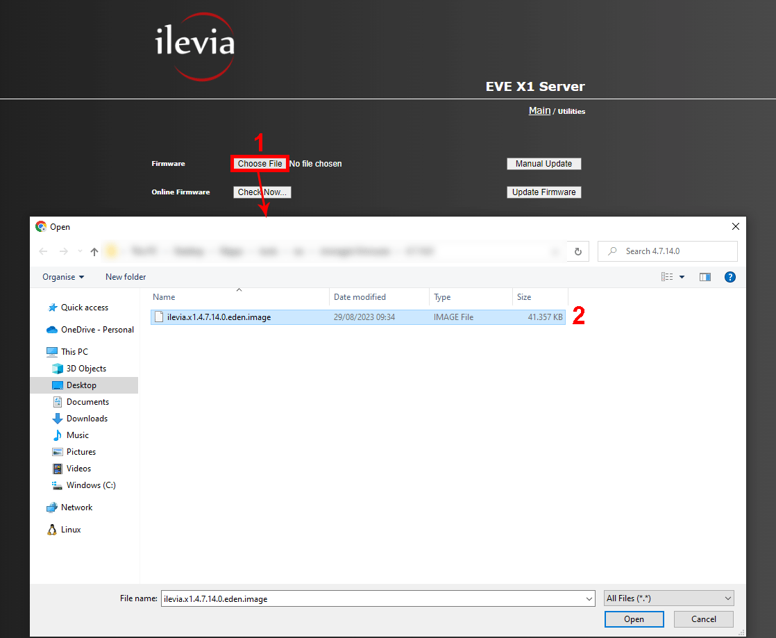 Selecting the update file from the local files to update the firmware of the Ilevia's Home automation server.