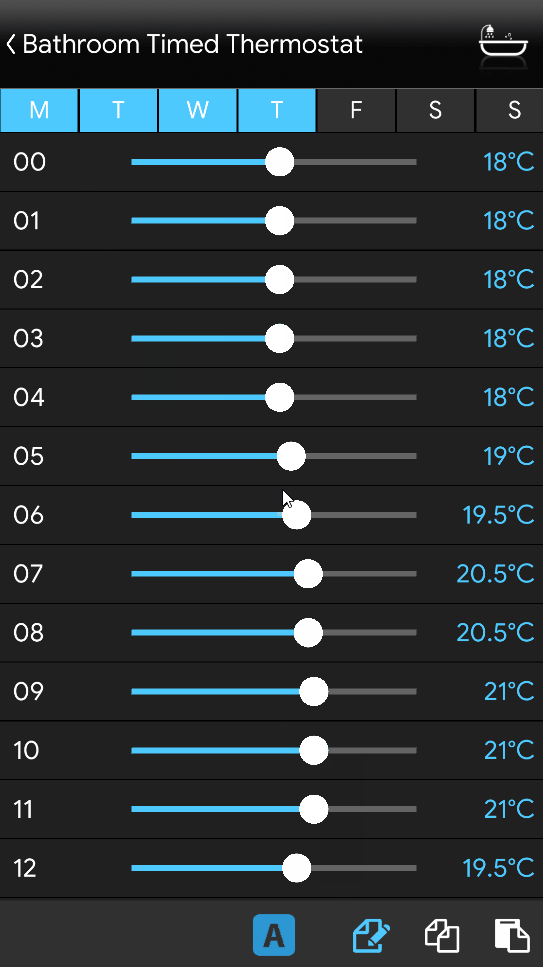 Pasting the values insdie the Timed thermostat component within the Home automation App EVE Remote Plus classic view