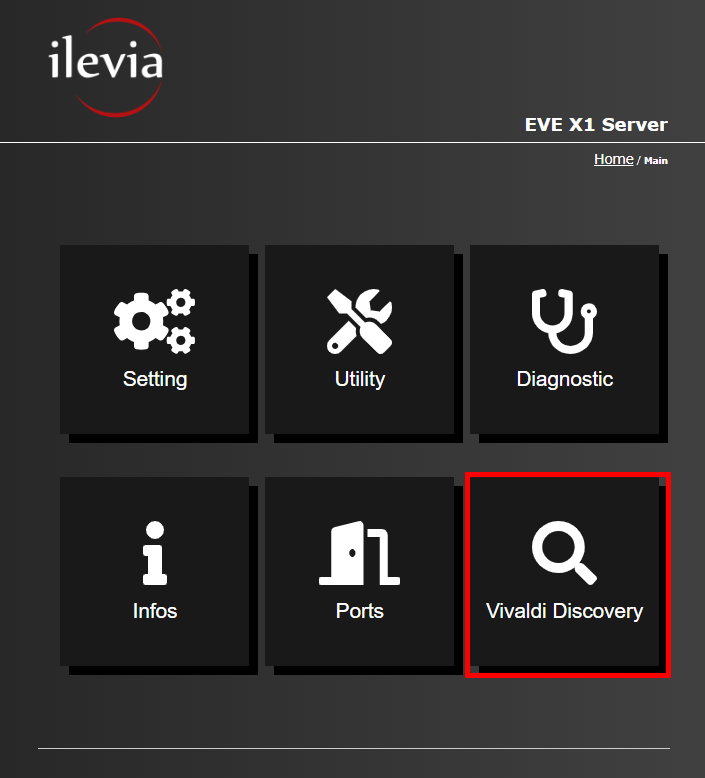 Vivaldi discovery menu inside the Home automation server EVE X1's web interface