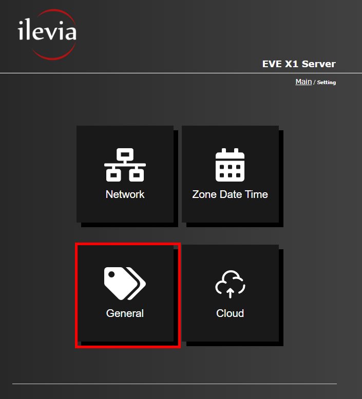 Menu General inside the web interface of the Home automation server EVE X1
