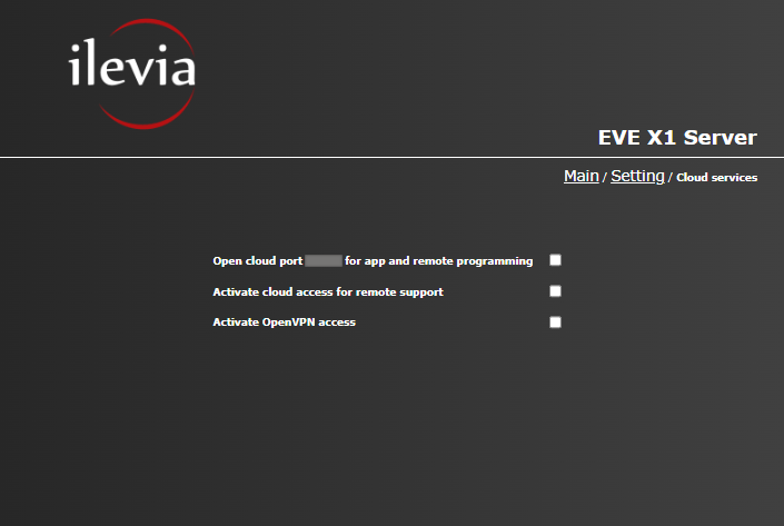 Cloud menu checkbox within the Ilevia's Home automation server web interface.