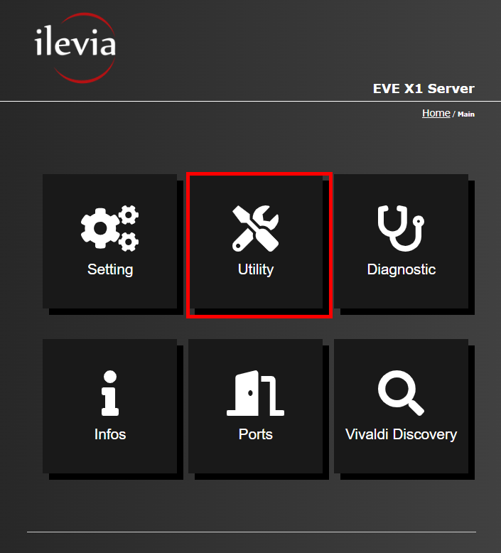 Utility menu inside the web interface of the Home automation server EVE X1