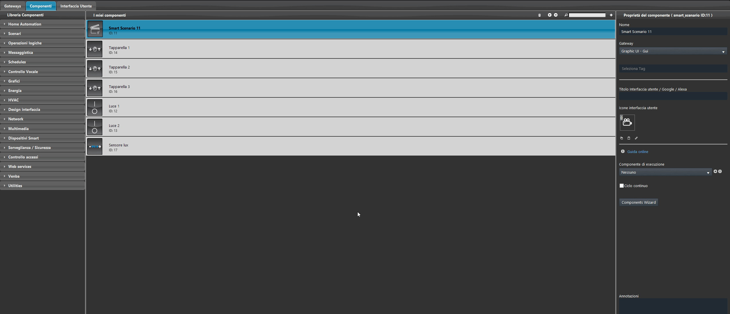 Accesso alla schermata di configurazione dei componenti dello smart scenario.