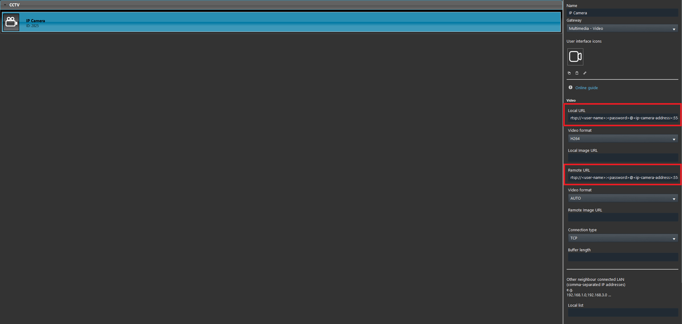 IP camera component configuration to make it work with the Ilevia control app.