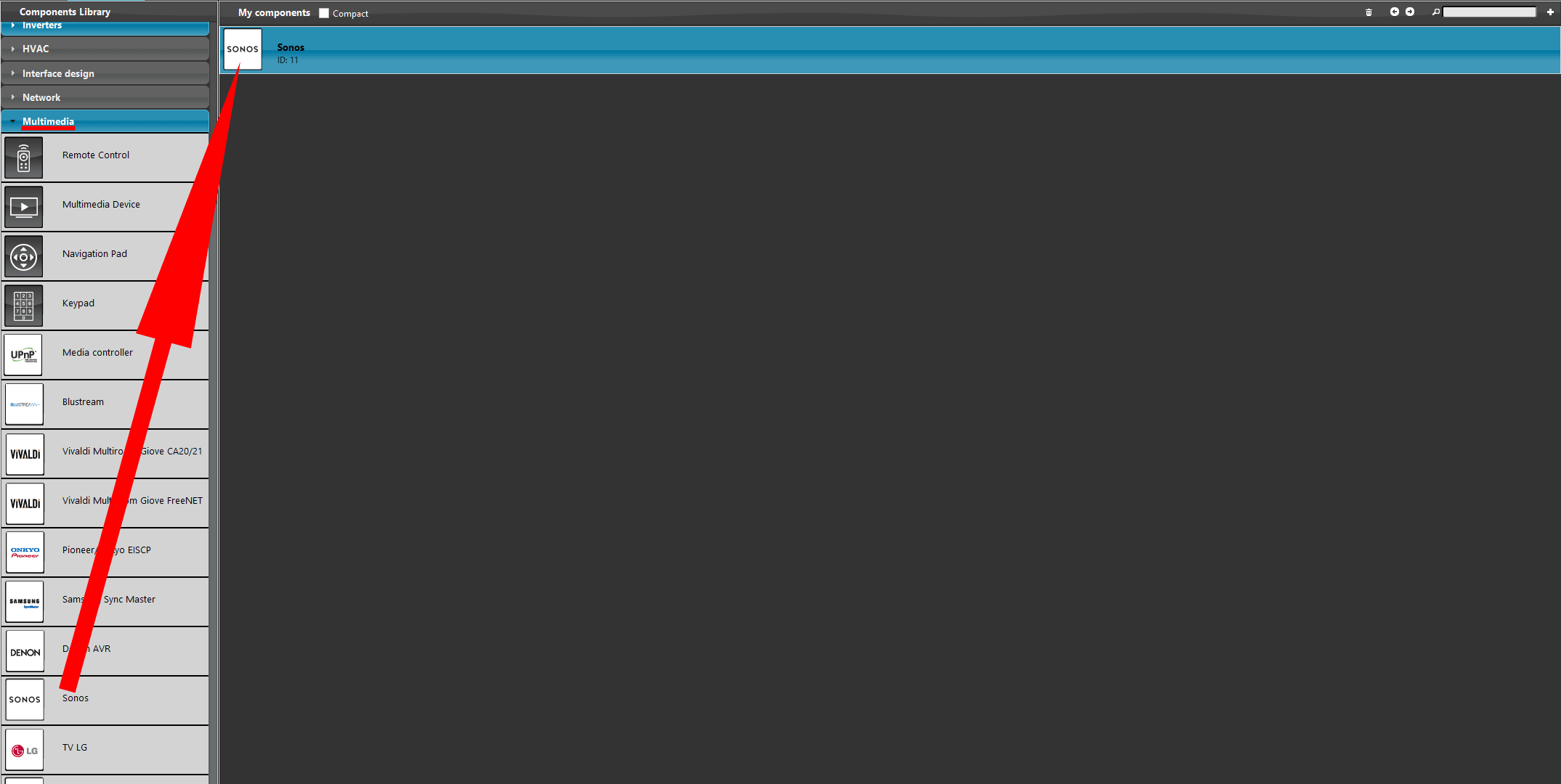 SONOS_Step1 Adding the SONOS component within the Ilevia's configuration software.