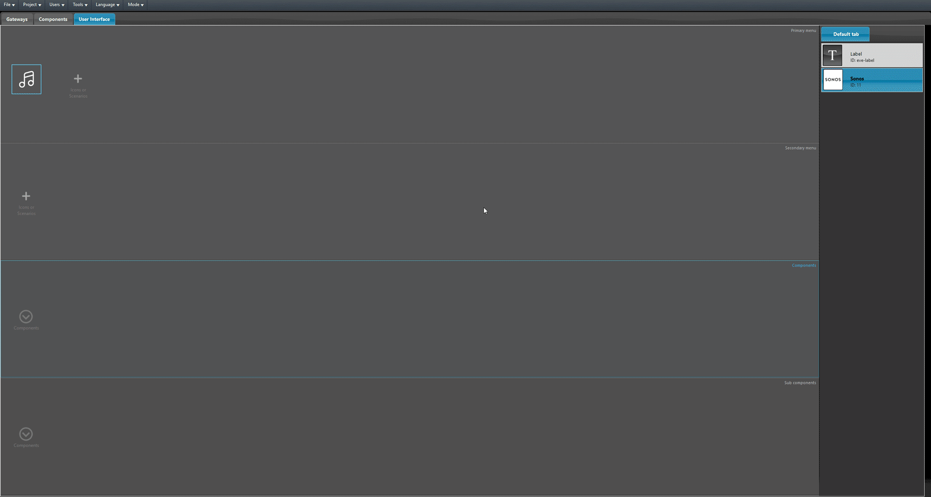 SONOS_Step2 Adding the SONOS component within the Ilevia's configuration software interface.